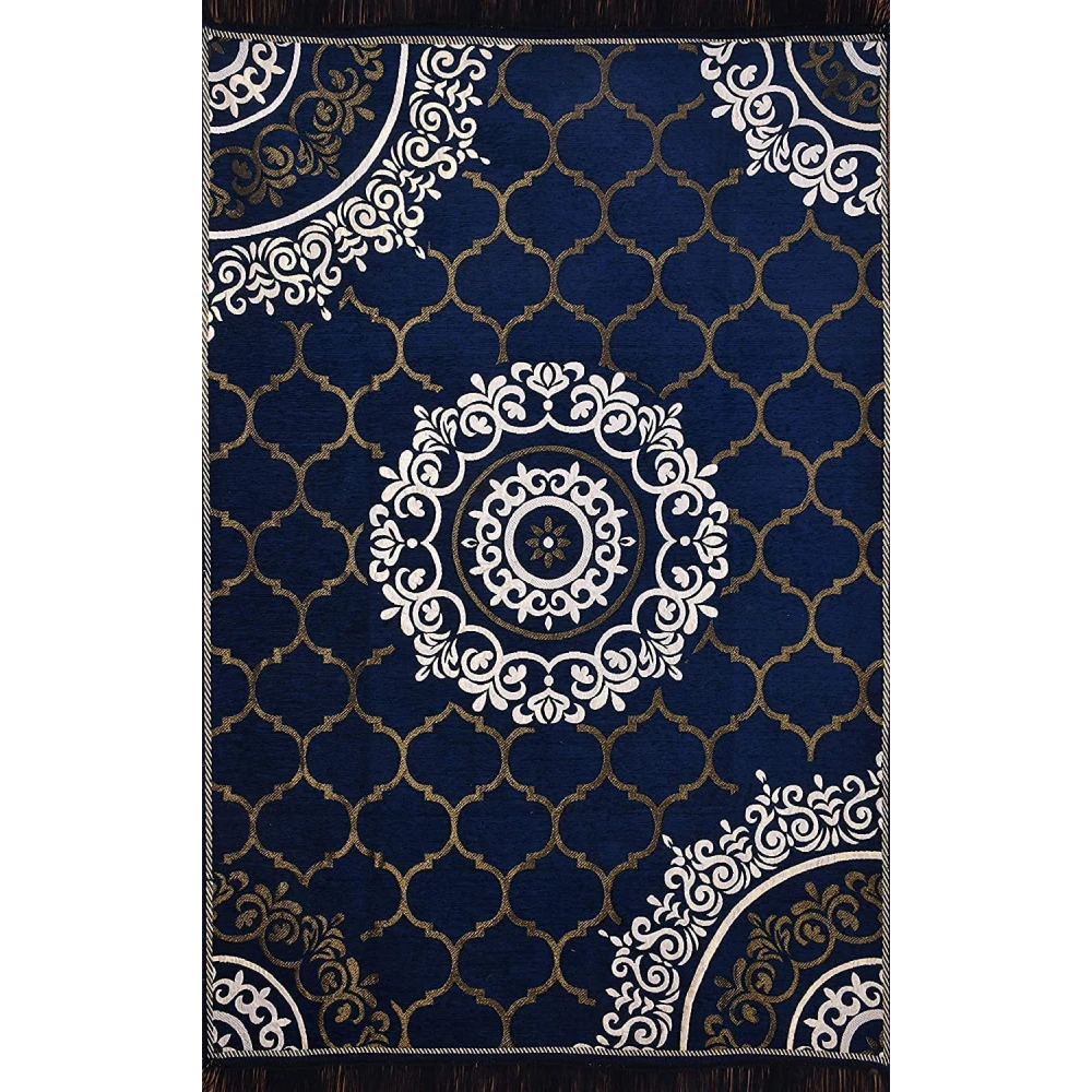 RADECOR World Premium Sleek and Spacious Rectangular Chennille Living Room Carpet with Binding, Area Rug, Durries II (5X7 Feet) (213 Cmx152 Cm) (Navy Blue)