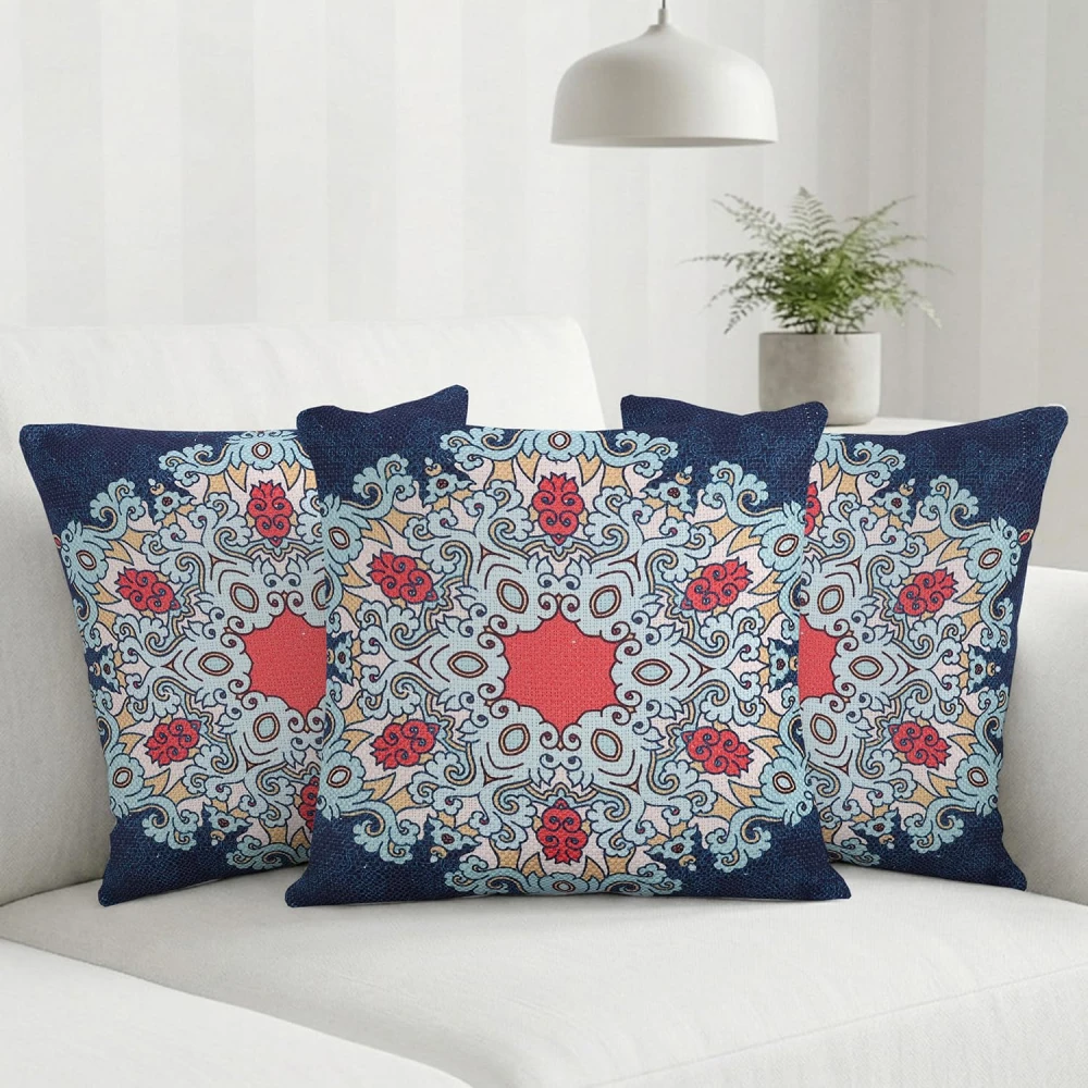 RADECOR Royal Mandala Cushion Cover Set of 3 | 16x16 Inches Square Covers | Premium Poly Spun Fabric | Hidden Zipper | Modern Decorative Cushion Covers for Sofa, Living Room & Bedroom