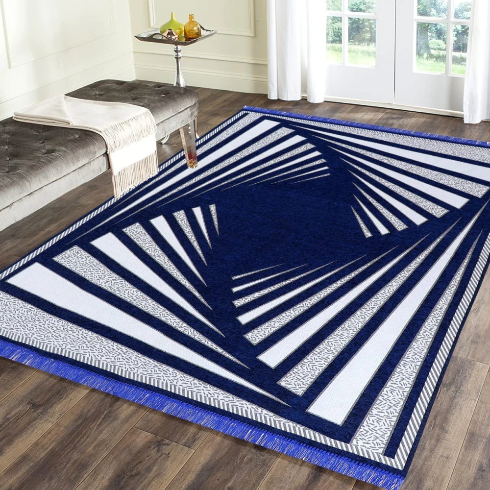 RADECOR Premium Exclusive Chenille Living Room Carpet with Binding, Area Rug, Durries Sleek and Spacious Rectangular |5X7 Feet (210 Cmx152 Cm) (Navy Blue)