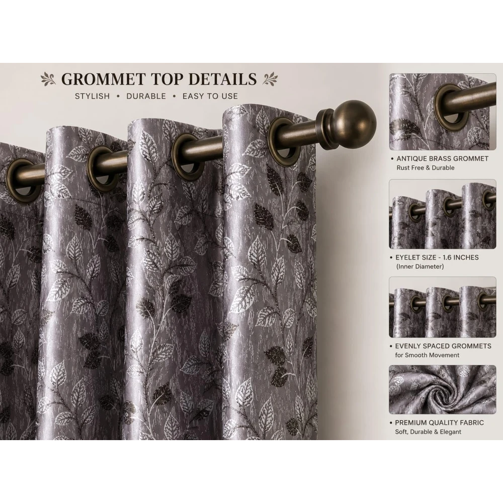 RADECOR Flower Patti Lehar Printed 5ft Window Curtain for Living Room & Bedroom | Premium Polyester Eyelet Curtain | Room Darkening Decorative Curtain | Elegant Leaf Design/Purple/Pack of 2