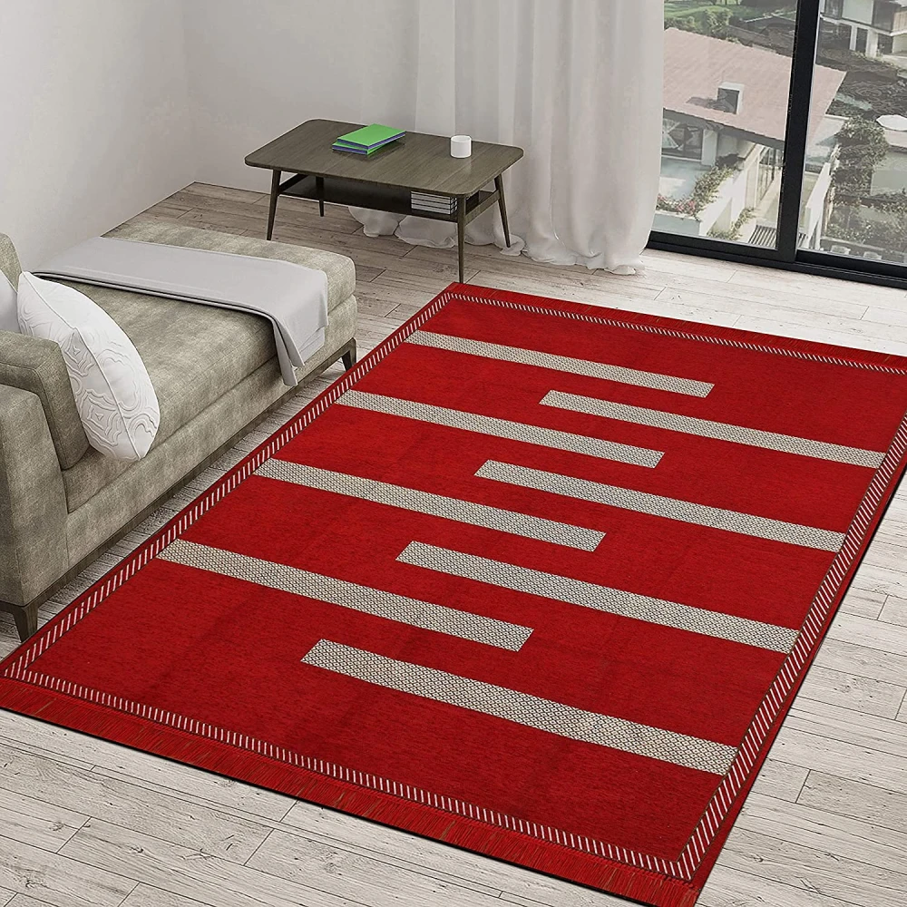 RADECOR Tile Design Sleek and Spacious Rectangular Chenille Carpet with Binding | Area Rug | Durries for Living Room, Bedroom | 5X7 Feet (210 Cmx152 Cm) Red