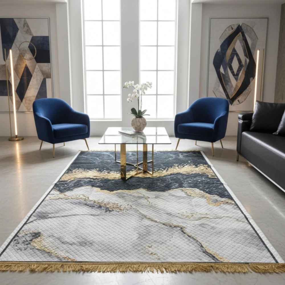 RADECOR Black-White Marble Printed Carpet | Modern Abstract Stone Design Polyester Area Rug | Elegant Decorative Floor Carpet for Living Room & Bedroom