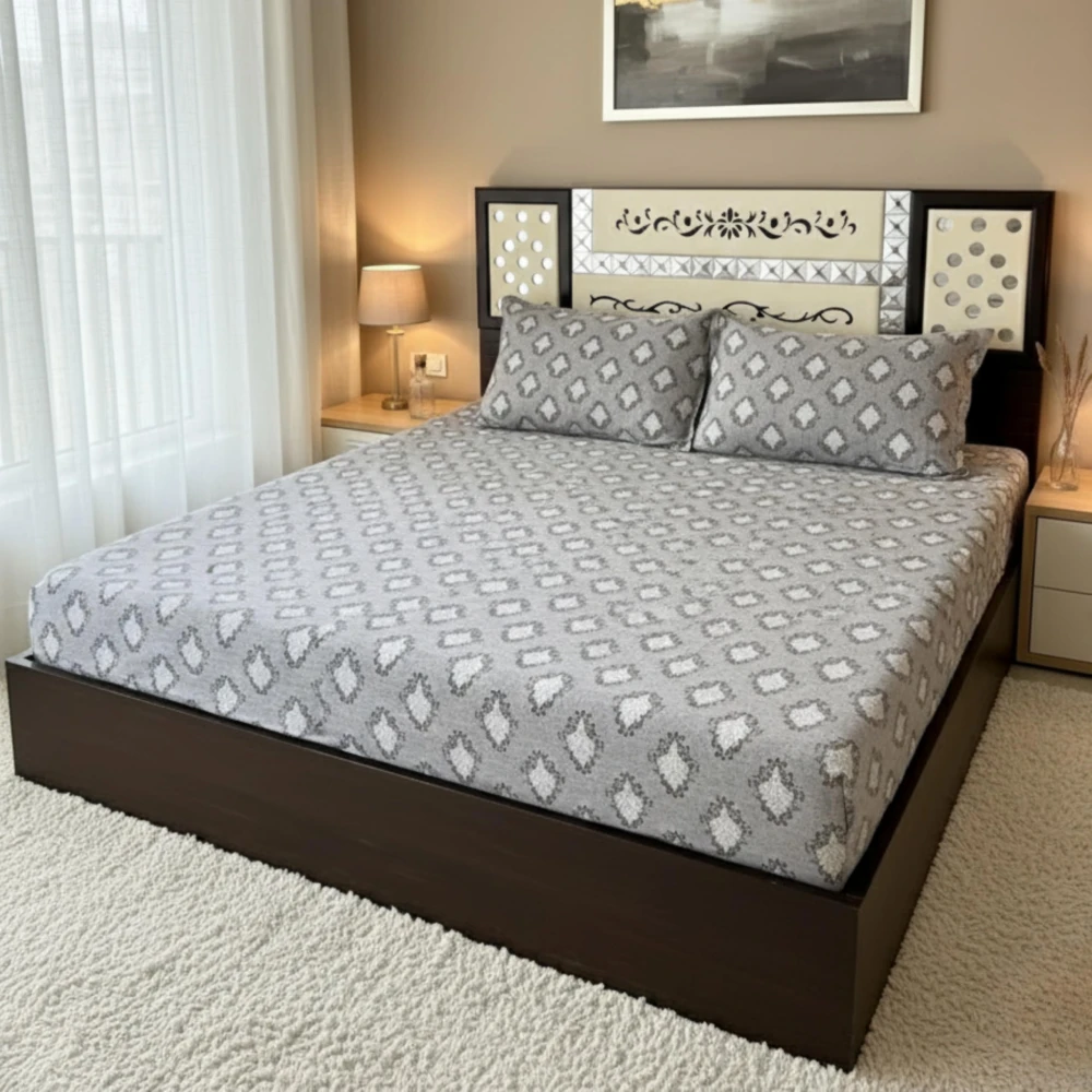 RADECOR Premium Polycotton Diamond Grey Bedsheet with 2 Pillow Covers | Soft & Breathable Fabric | Machine Washable | King Size | Ideal for Daily Use