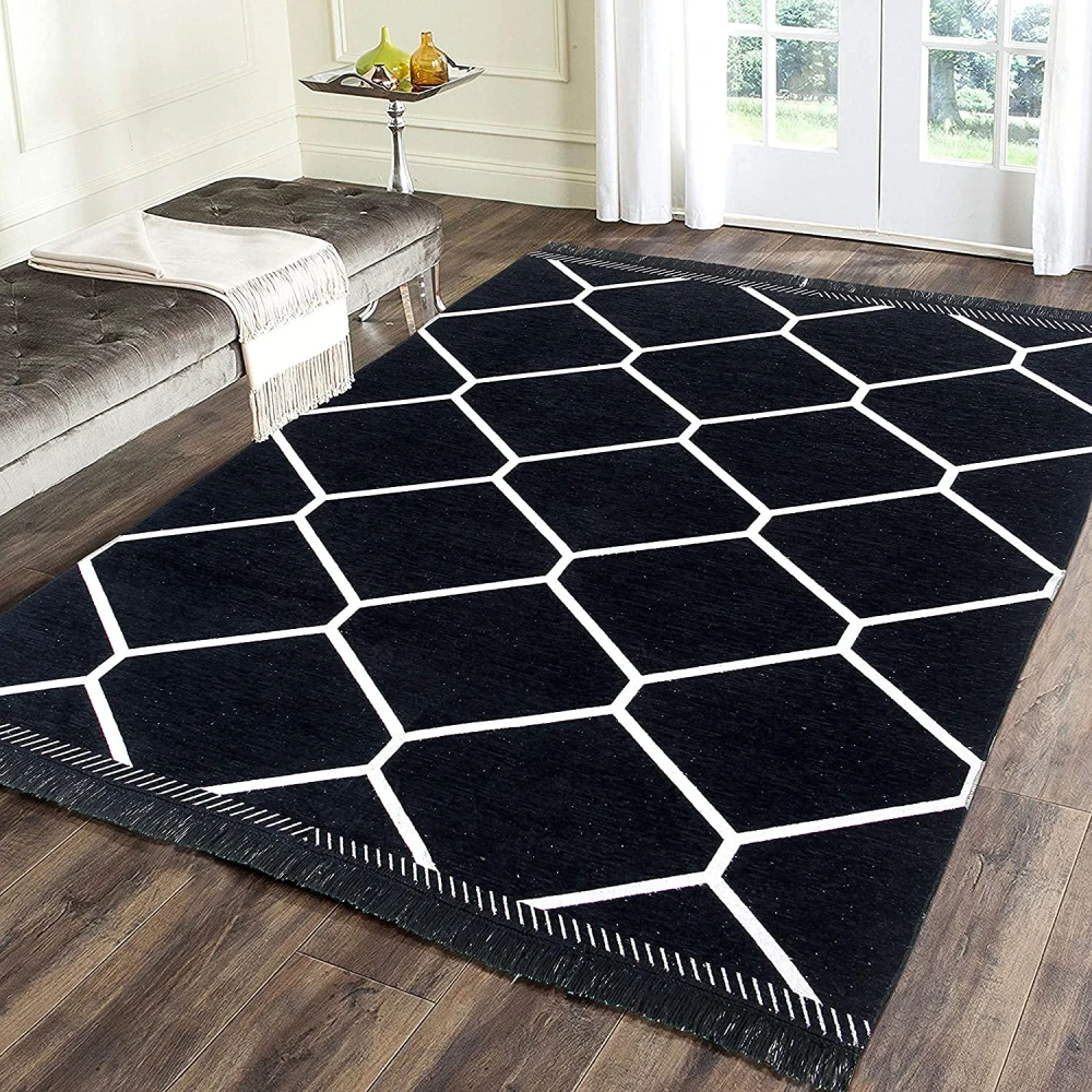 RADECOR Diamond Design Rectangular Chenille Carpet, Black, 5X7 Feet