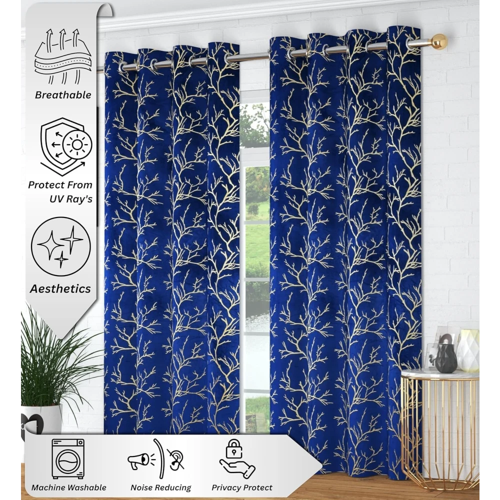 RADECOR Velvet 9ft Door & Window Curtain | Luxury Soft Fabric | Room Darkening | Noise Reducing | Machine Washable | Modern Home Décor/Navy Blue/Pack of 2
