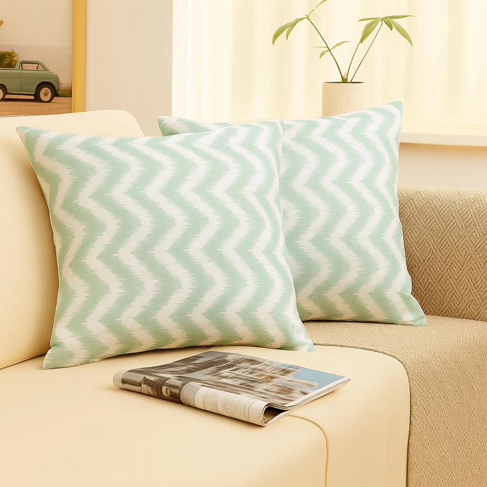 RADECOR Pastel Mint Zigzag Pattern Cushion Cover Set of 3 | 16x16 Inches Square Covers | Premium Poly Spun Fabric | Hidden Zipper | Modern Decorative Cushion Covers for Sofa, Living Room & Bedroom