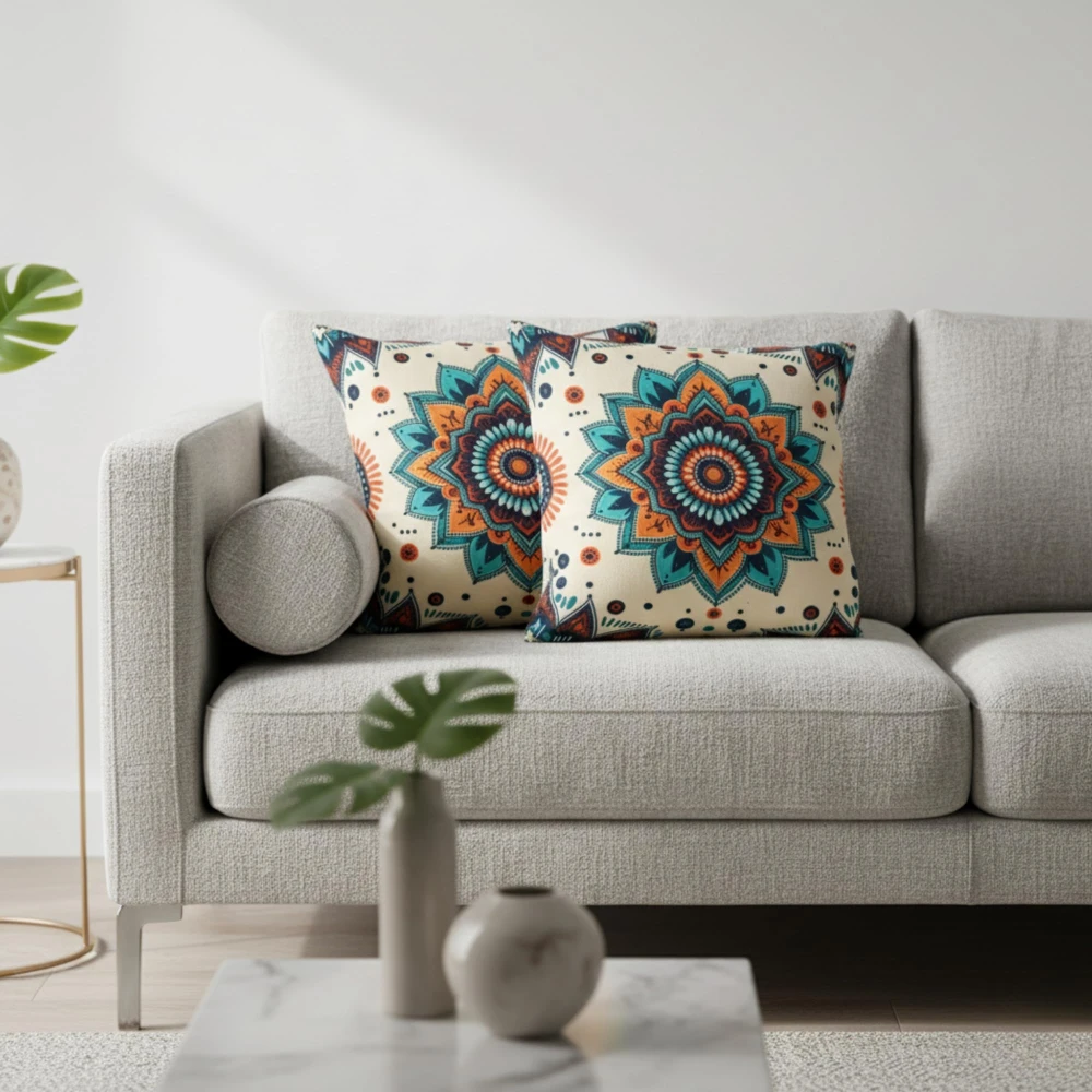 RADECOR Royal Mandala Bloom Cushion Cover Set of 3 | 16x16 Inches Square Covers | Premium Poly Spun Fabric | Hidden Zipper | Modern Decorative Cushion Covers for Sofa, Living Room & Bedroom