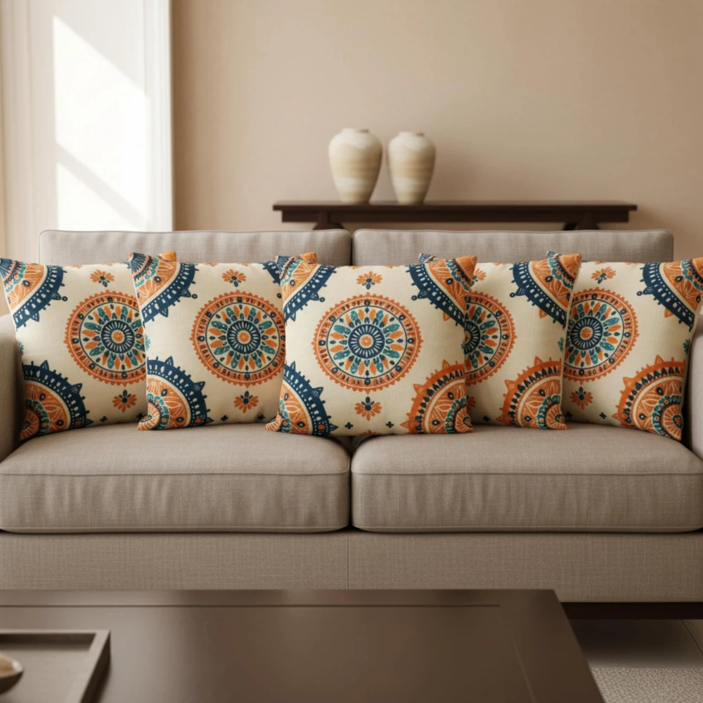 RADECOR Heritage Mandala Medallion Cushion Cover Set of 5 | 16x16 Inches Square Covers | Premium Poly Spun Fabric | Hidden Zipper | Modern Decorative Cushion Covers for Sofa, Living Room & Bedroom