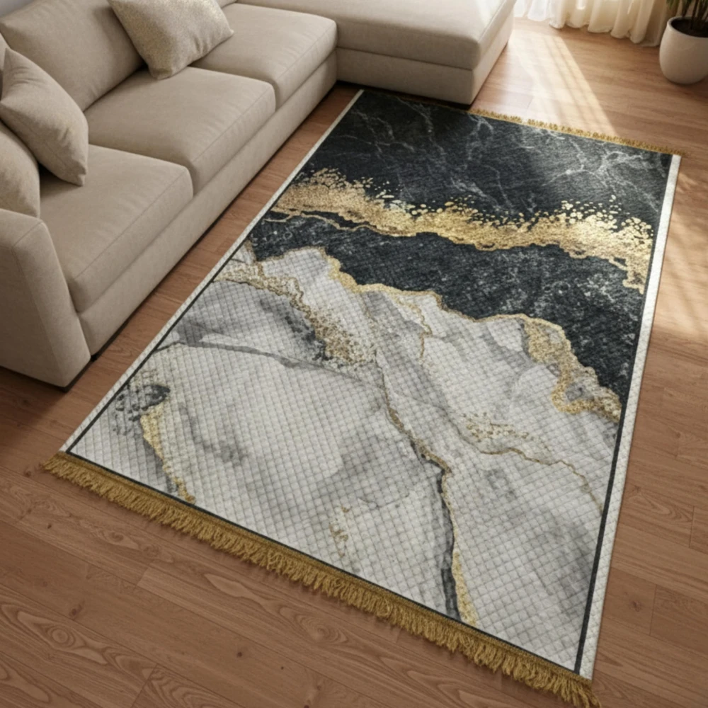RADECOR Black-White Marble Printed Carpet | Modern Abstract Stone Design Polyester Area Rug | Elegant Decorative Floor Carpet for Living Room & Bedroom