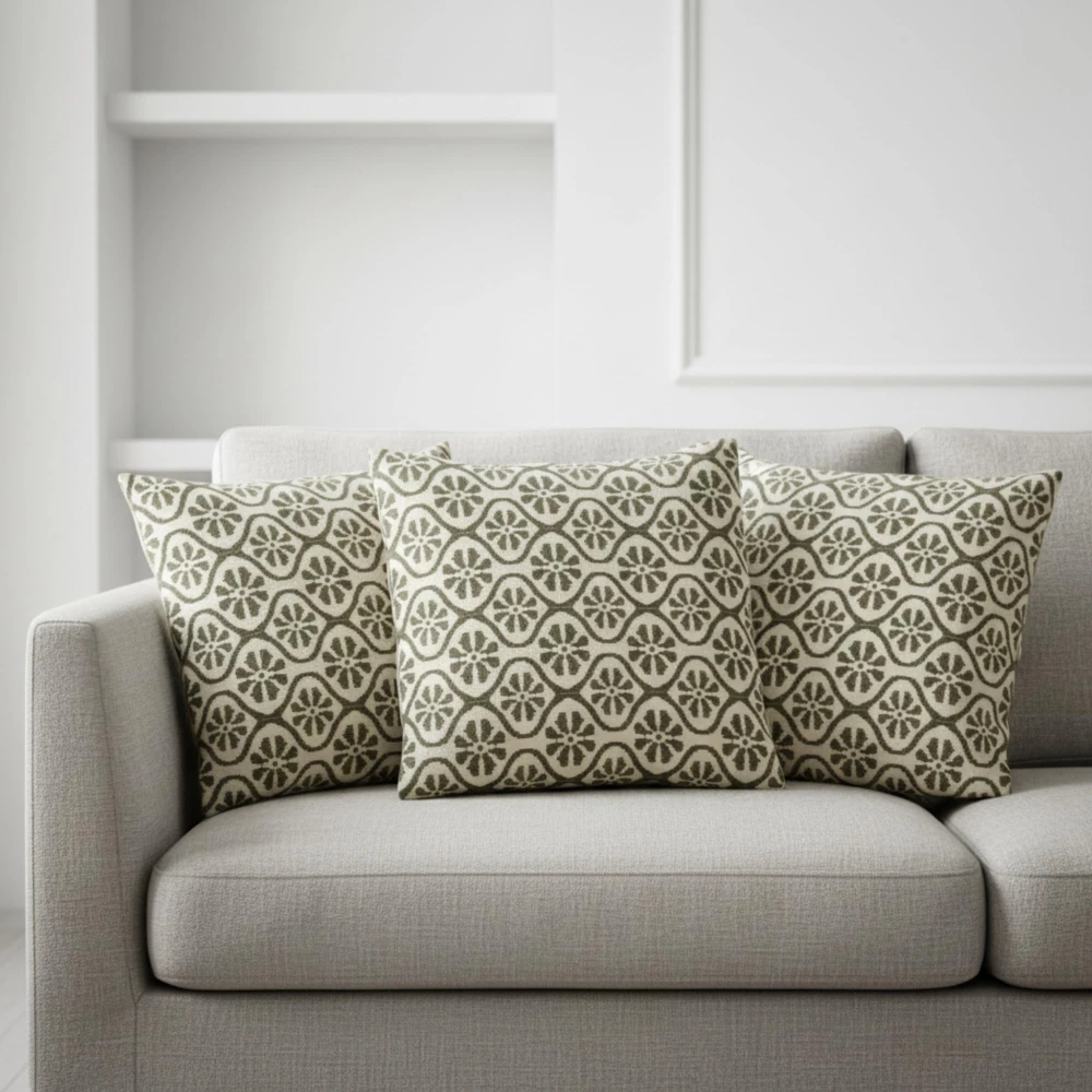 RADECOR Olive Medallion Trellis Cushion Cover Set of 3 | 16x16 Inches Square Covers | Premium Poly Spun Fabric | Hidden Zipper | Modern Decorative Cushion Covers for Sofa, Living Room & Bedroom
