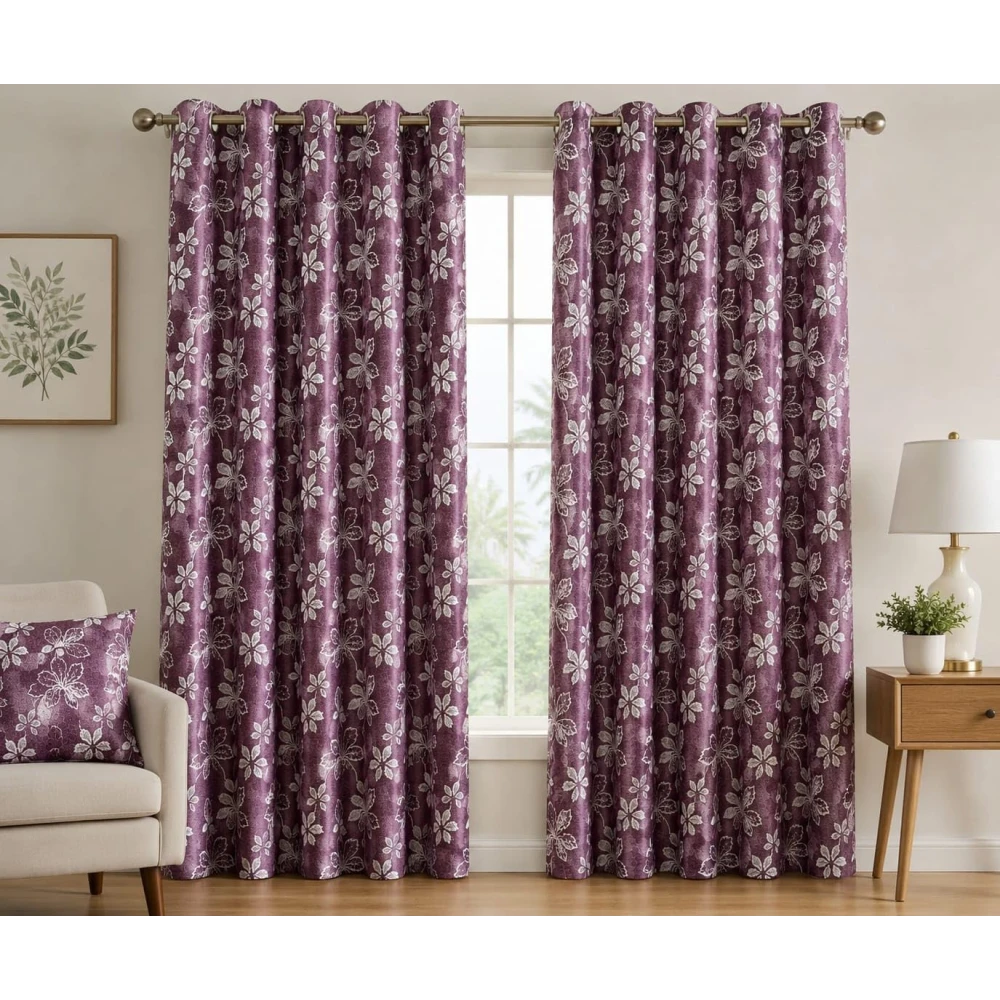 RADECOR Big Flower Printed 9ft Window Curtain for Living Room & Bedroom | Premium Polyester Eyelet Curtain | Room Darkening Decorative Curtain | Modern Floral Design/Purple/Pack of 2