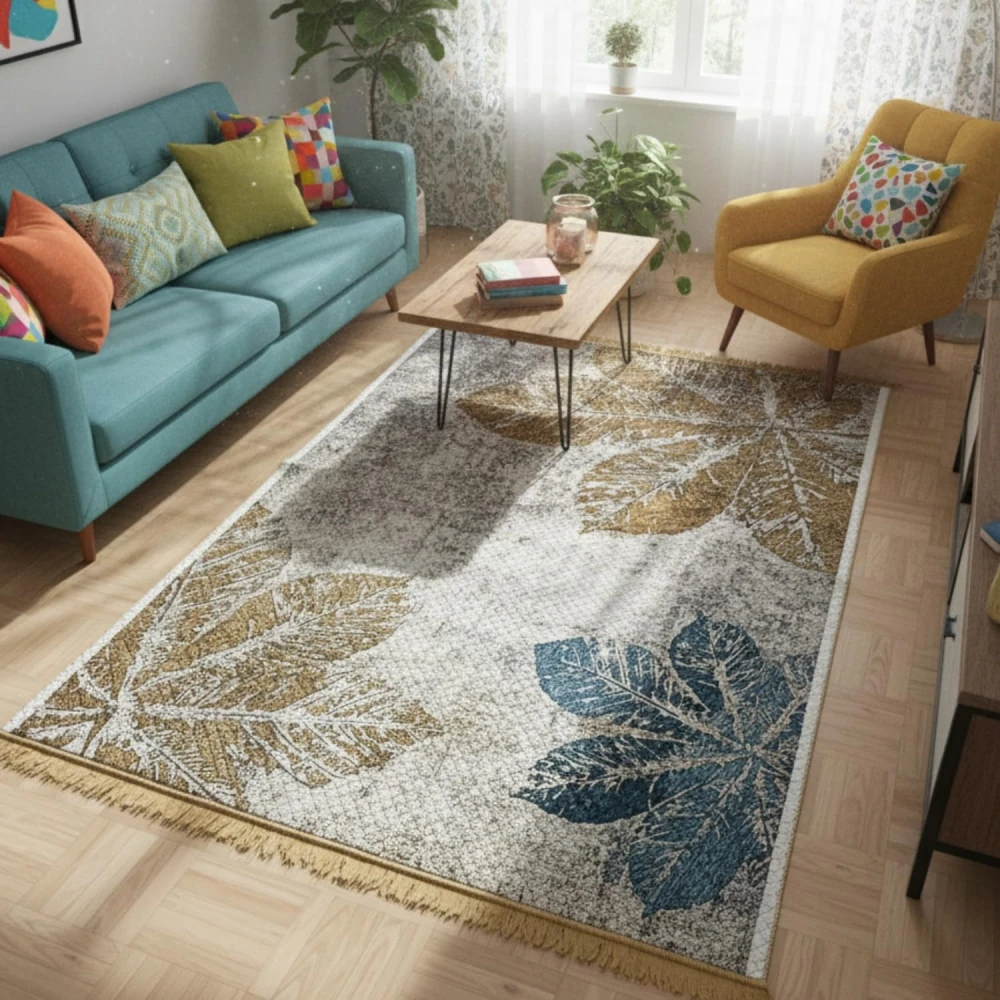 RADECOR Leaf Texture Printed Carpet | Modern Botanical Polyester Area Rug | Decorative Floor Carpet for Living Room & Bedroom