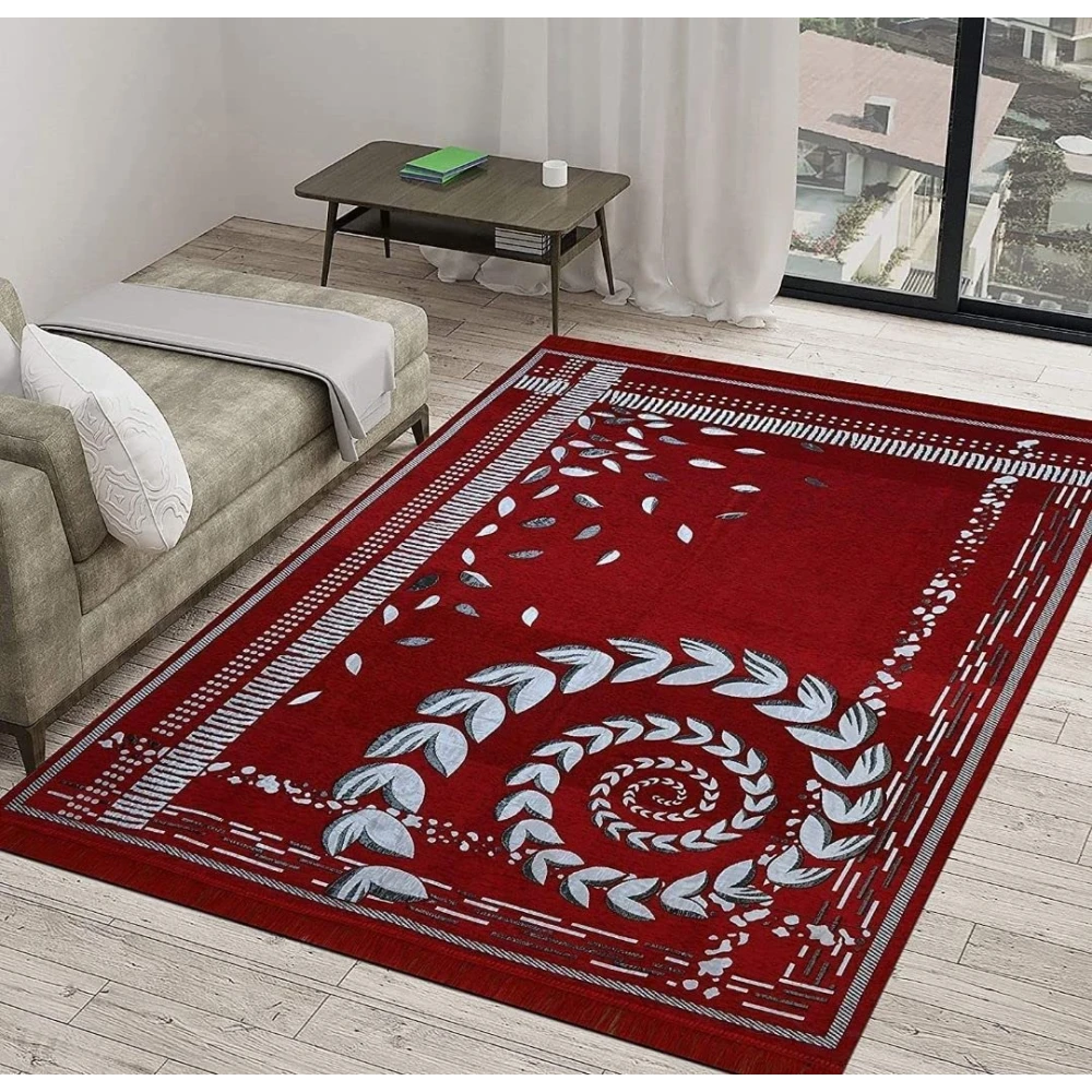 RADECOR Spiral Design Sleek Chenille Living Room Carpet | Soft & Spacious Rectangular Area Rug | Anti-Skid, Durable & Easy to Clean | Modern Printed Carpet for Home Décor/Maroon