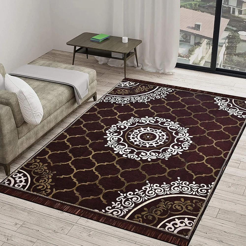 RADECOR World Premium Sleek and Spacious Rectangular Chennille Living Room Carpet with Binding, Area Rug, Durries II (5X7 Feet) (213 Cmx152 Cm) (Brown)