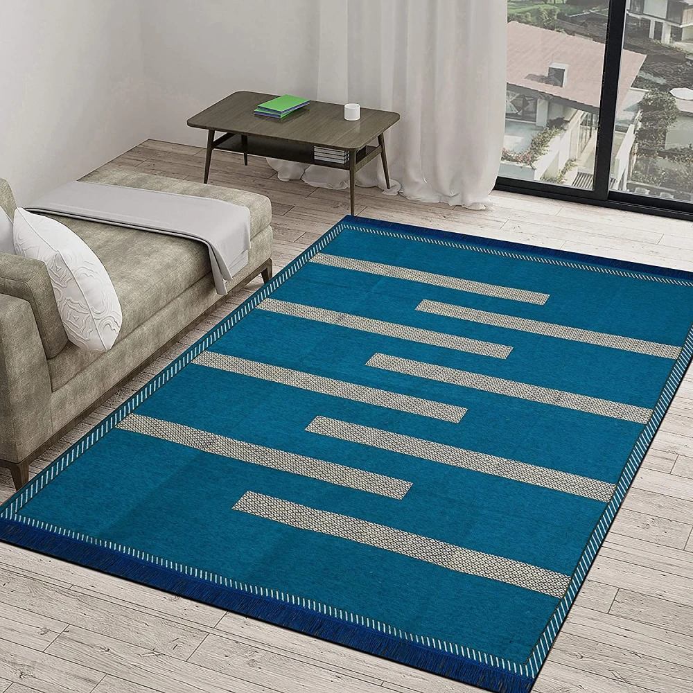 RADECOR Tile Design Rectangular Chenille Carpet, Firozi, 5X7 Feet