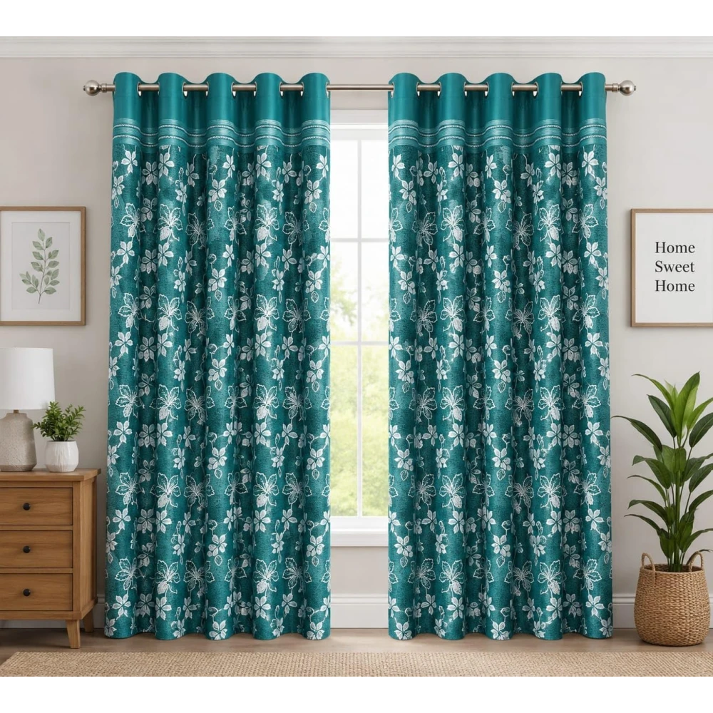 RADECOR Big Flower Printed 7ft Window Curtain for Living Room & Bedroom | Premium Polyester Eyelet Curtain | Room Darkening Decorative Curtain | Modern Floral Design/Aqua/Pack of 2