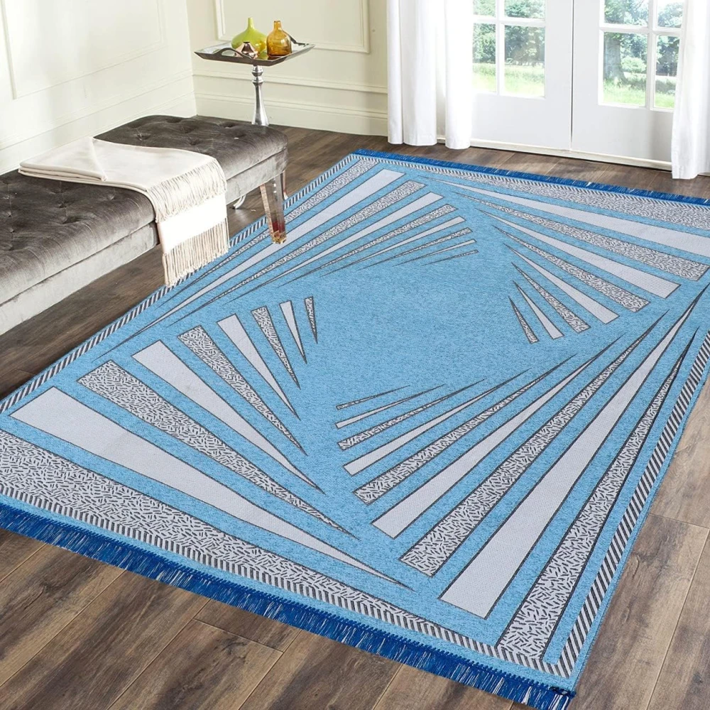 RADECOR Premium Exclusive Chenille Living Room Carpet with Binding, Area Rug, Durries Sleek and Spacious Rectangular |5X7 Feet (210 Cmx152 Cm) (Sierra Blue)