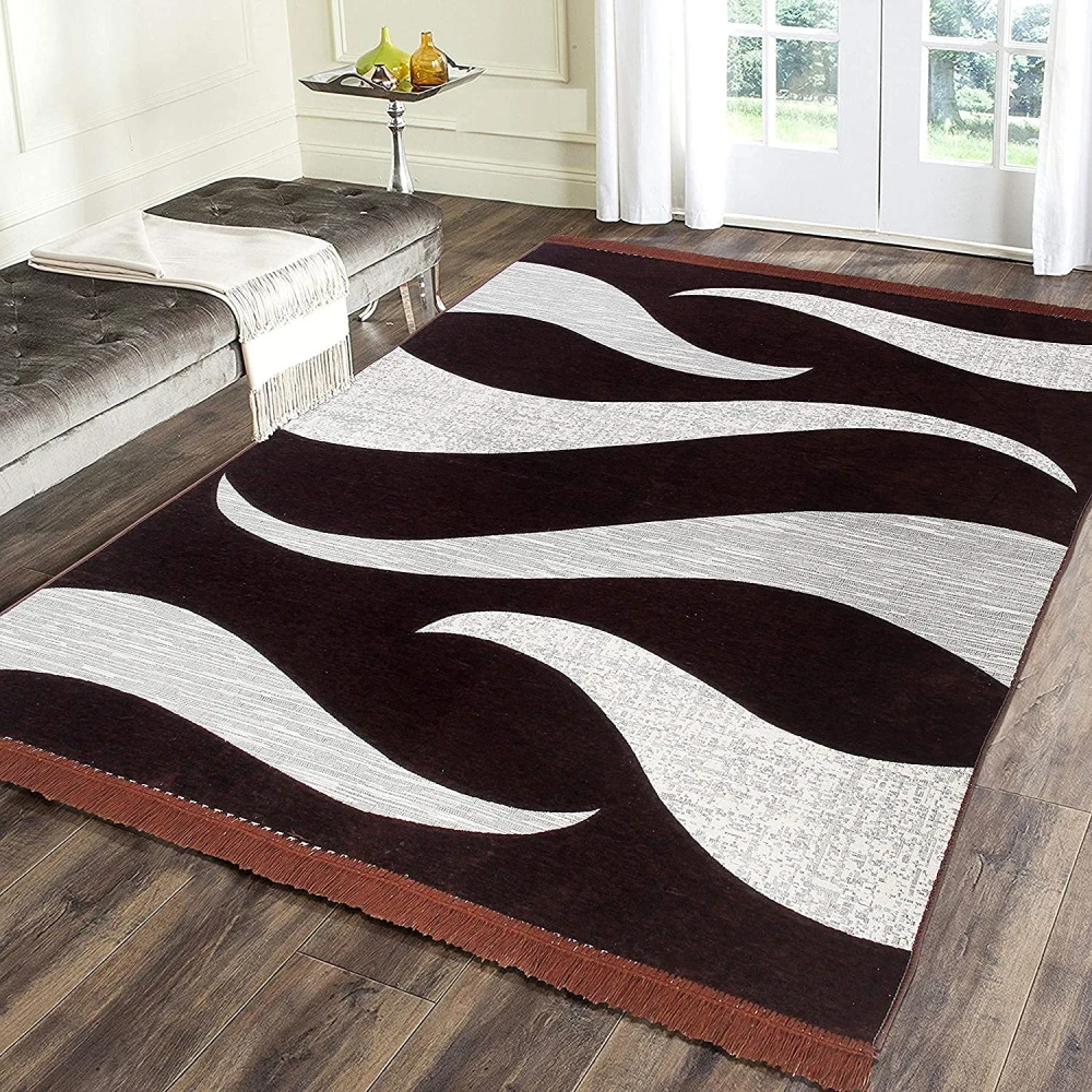 RADECOR Wave Design Sleek and Spacious Rectangular Chenille Carpet with Binding | Area Rug | Durries for Living Room, Bedroom | 5X7 Feet (210 Cmx152 Cm) Brown