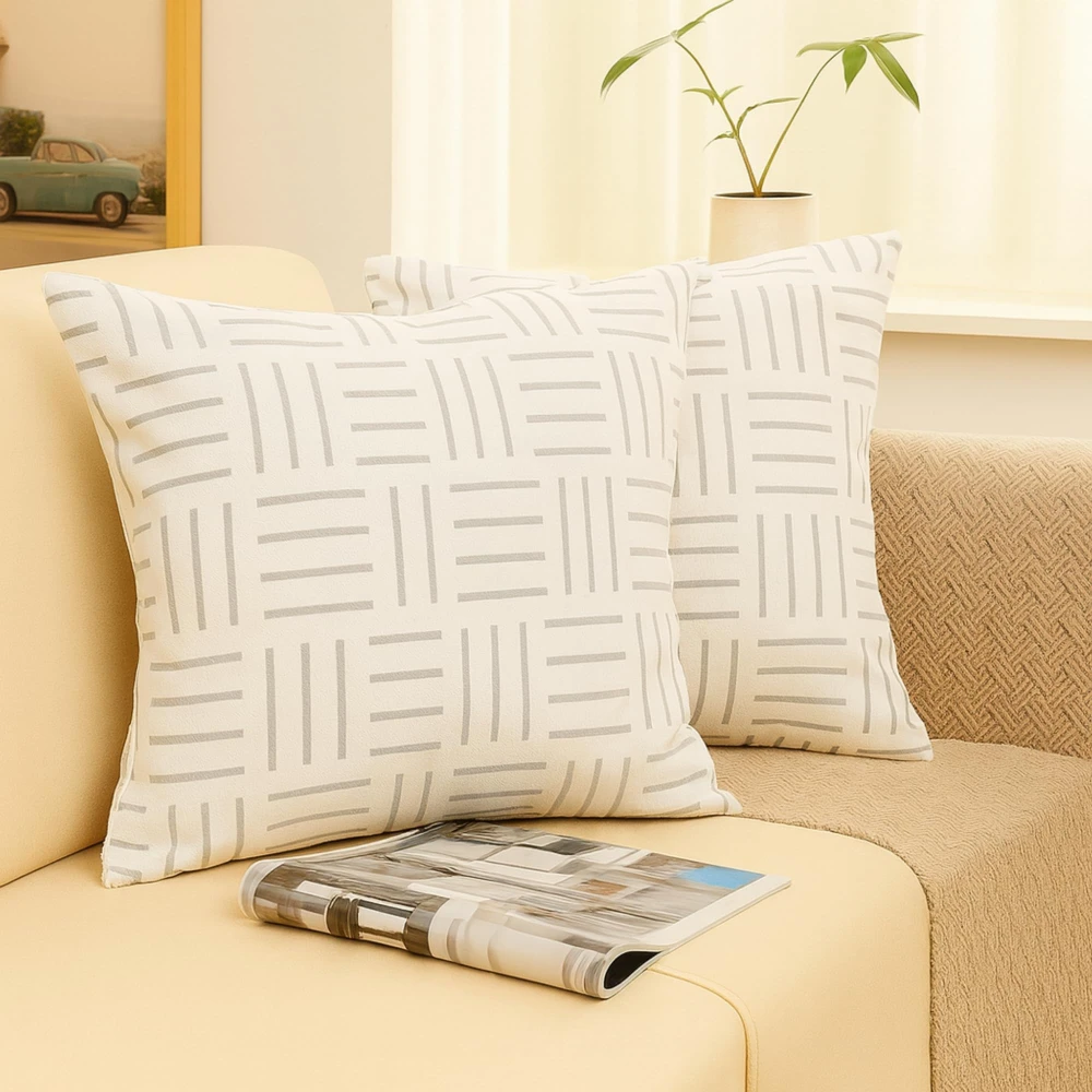 RADECOR Minimal Grid Line Cushion Cover Set of 2 | 16x16 Inches Square Covers | Premium Poly Spun Fabric | Hidden Zipper | Modern Decorative Cushion Covers for Sofa, Living Room & Bedroom