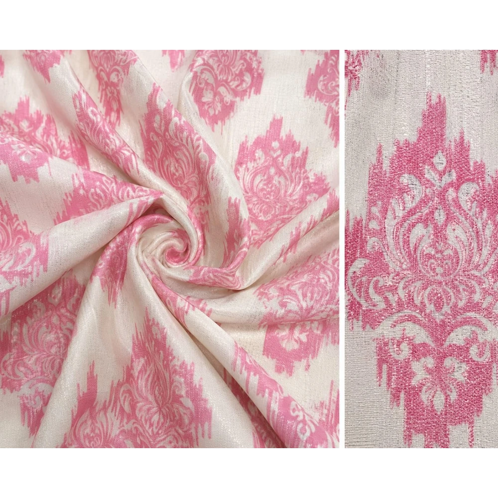 RADECOR Damash Ikat Print 7ft Window Curtain for Living Room & Bedroom | Premium Polyester Eyelet Curtain | Room Darkening Decorative Curtain/Pink/Pack of 2