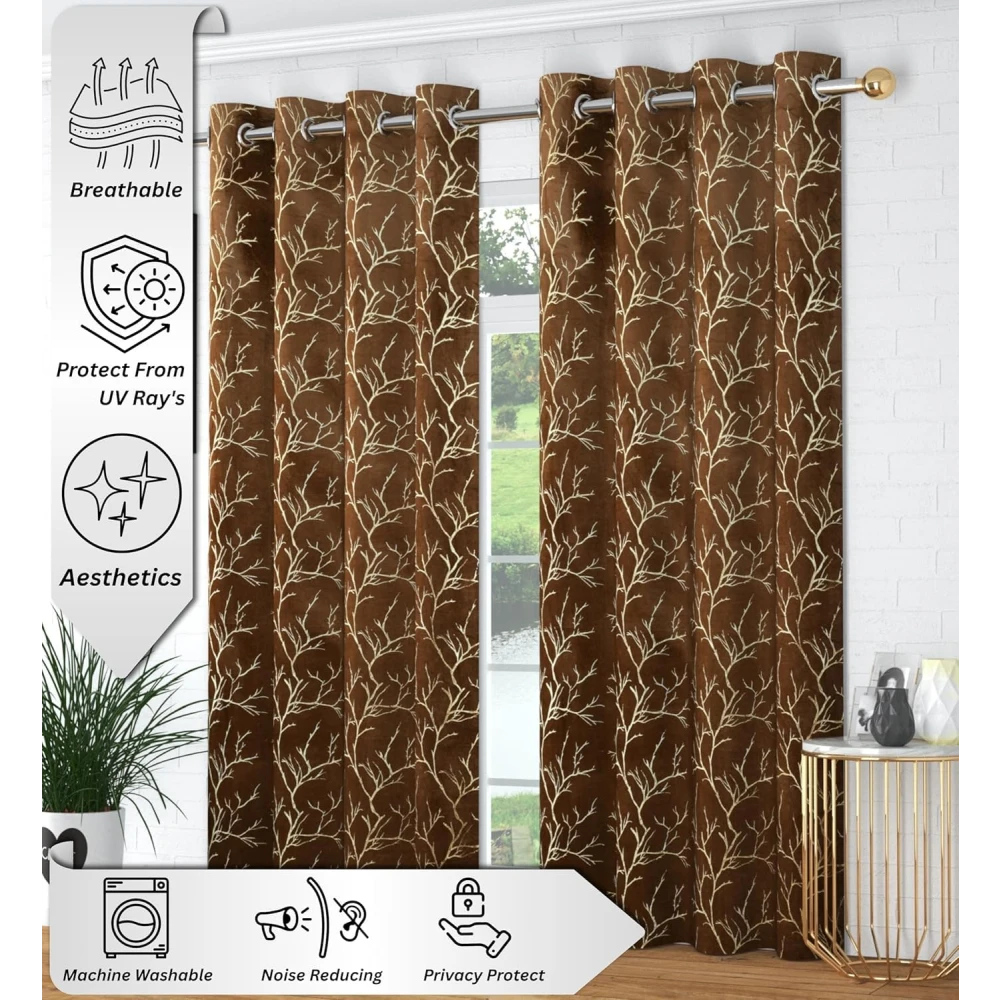 RADECOR Velvet 9ft Door & Window Curtain | Luxury Soft Fabric | Room Darkening | Noise Reducing | Machine Washable | Modern Home Décor/Light Brown/Pack of 2