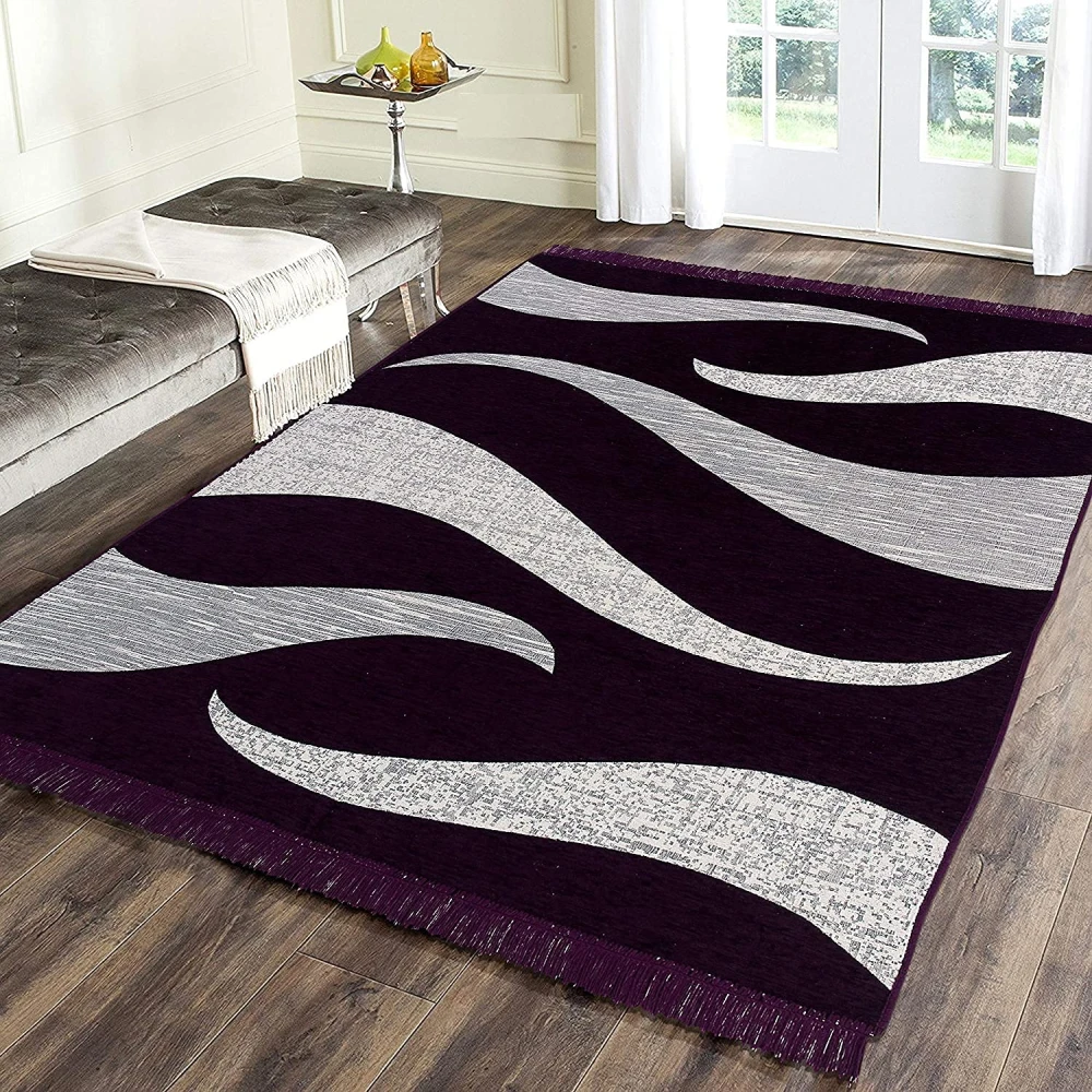 RADECOR Wave Design Sleek and Spacious Rectangular Chenille Carpet with Binding | Area Rug | Durries for Living Room, Bedroom |5X7 Feet (210 Cmx152 Cm) Purple