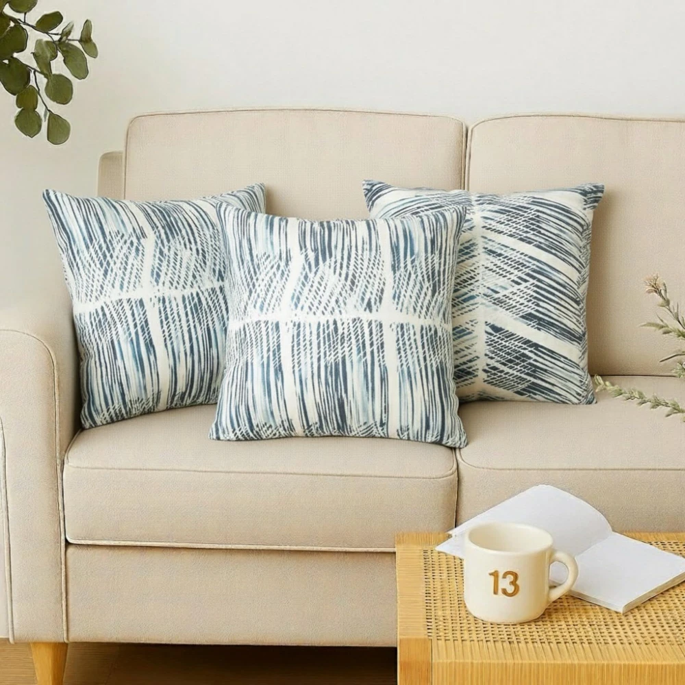 RADECOR Abstract Crossline Pattern Cushion Cover Set of 3 | 16x16 inches Square Covers | Premium Poly Spun Fabric | Hidden Zipper | Modern Geometric Cushion Covers for Sofa, Living Room & Bedroom
