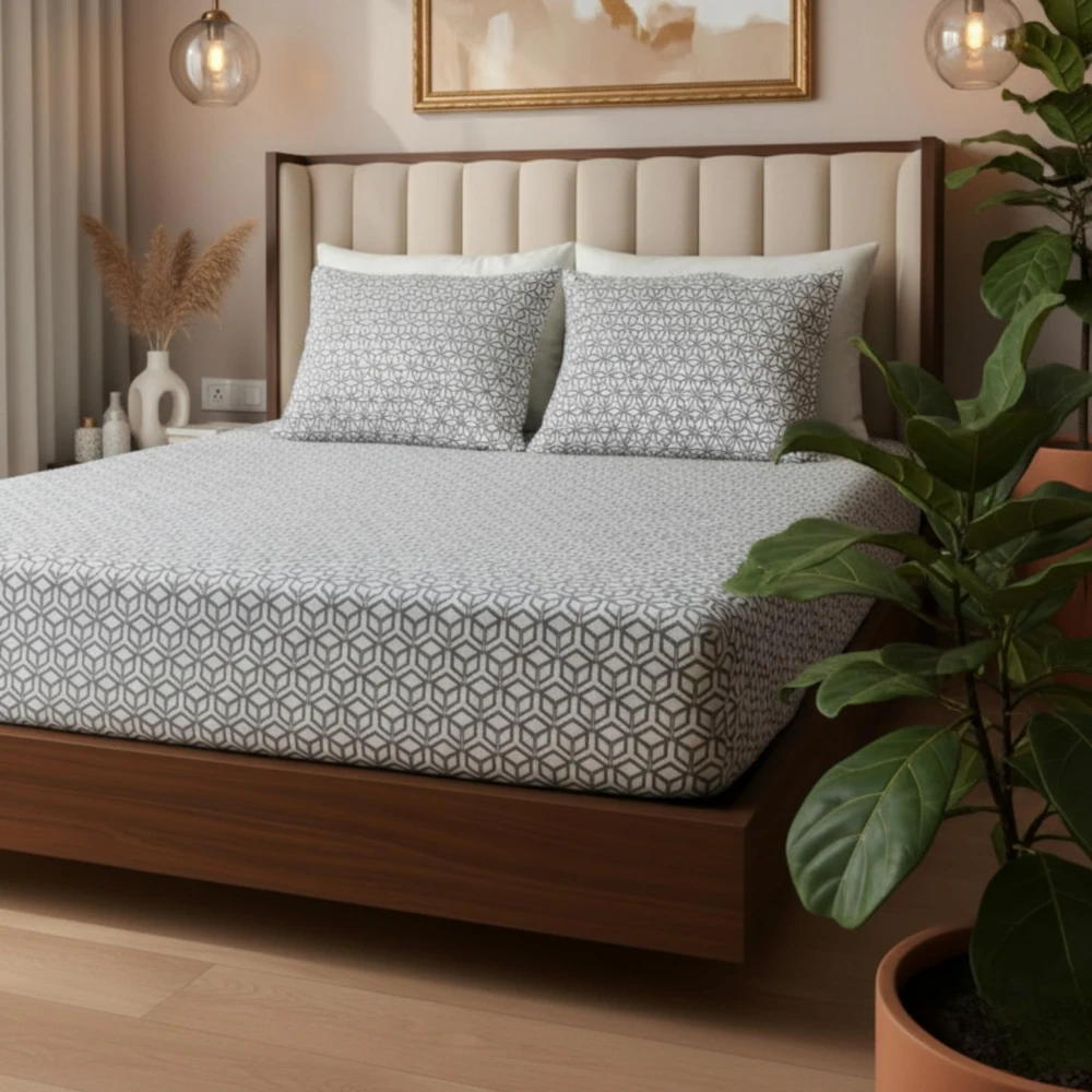 RADECOR Premium Polycotton Cube White Bedsheet with 2 Pillow Covers | Soft & Breathable Fabric | Machine Washable | King Size | Ideal for Daily Use