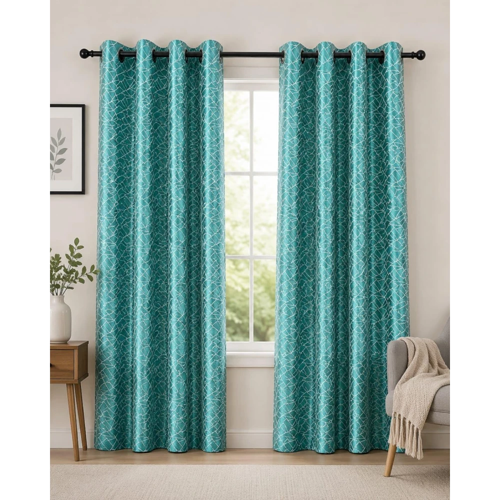 RADECOR Geometric Pattern 5ft Polyester Eyelet Curtain | Modern Window & Door Curtain for Living Room, Bedroom & Office | Decorative Curtain Panel/Teal Aqua/Pack of 2