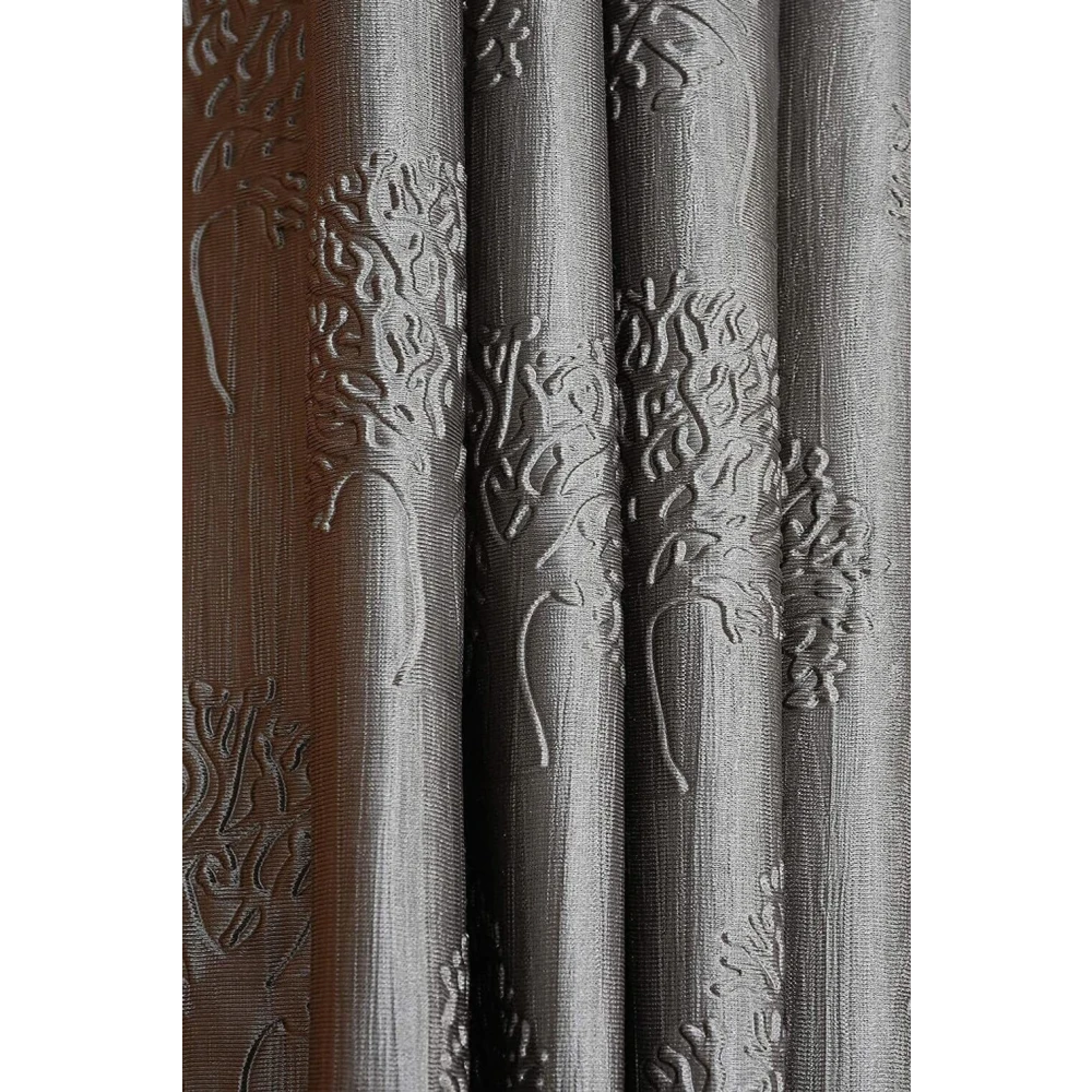 RADECOR Modern Tree Punch Print 9ft Polyester Curtain | Eyelet Window & Door Curtain for Living Room, Bedroom & Office | Elegant Home Décor/Grey/Pack of 2