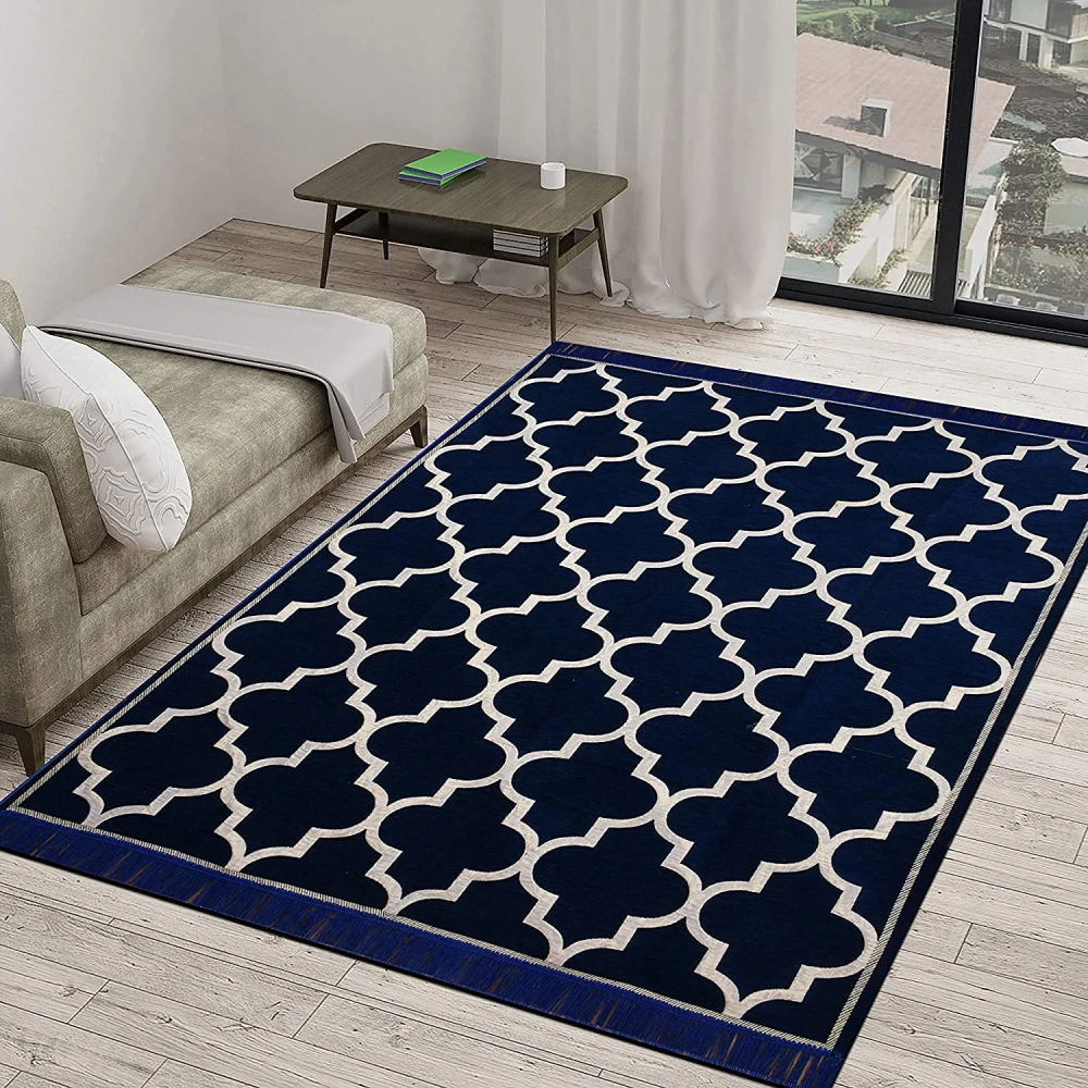 RADECOR Geometric Design Sleek and Spacious Rectangular Chenille Carpet with Binding | Area Rug | Durries for Living Room, Bedroom |5X7 Feet (210 Cmx152 Cm) Blue