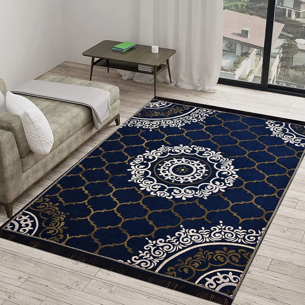 RADECOR World Premium Sleek and Spacious Rectangular Chennille Living Room Carpet with Binding, Area Rug, Durries II (5X7 Feet) (213 Cmx152 Cm) (Navy Blue)