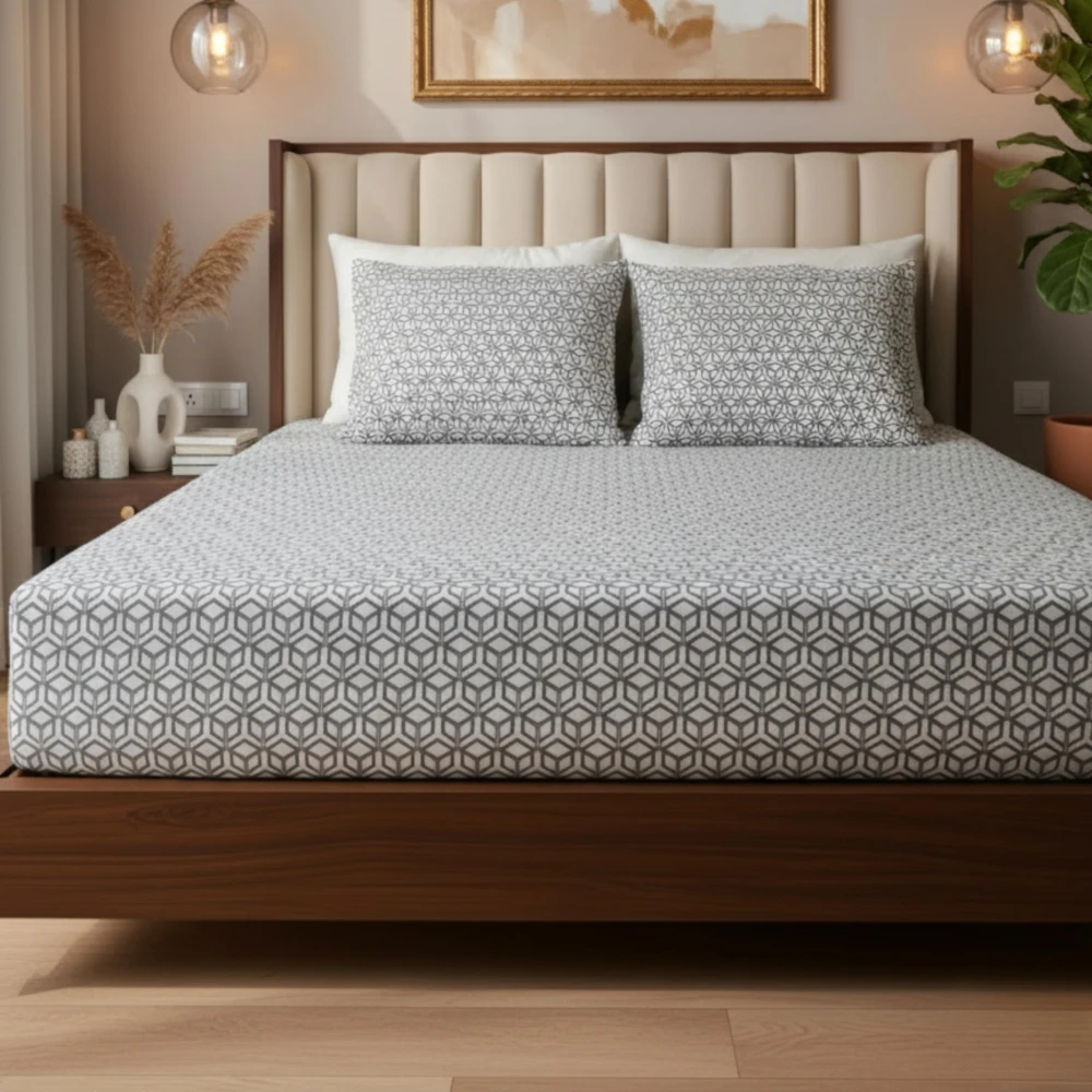 RADECOR Premium Polycotton Cube White Bedsheet with 2 Pillow Covers | Soft & Breathable Fabric | Machine Washable | King Size | Ideal for Daily Use
