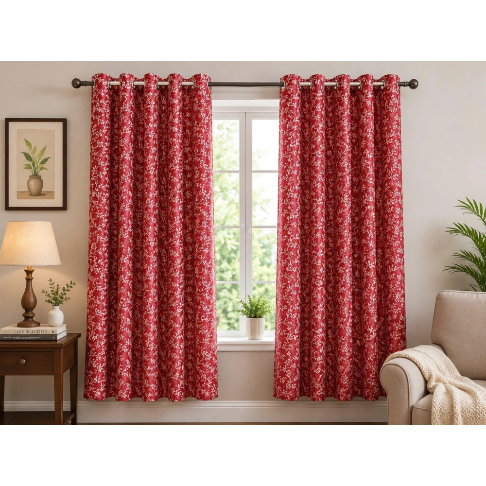 RADECOR Floral Print 9ft Window Curtain for Living Room & Bedroom | Premium Polyester Eyelet Curtain | Room Darkening Decorative Curtain Panel | Modern Home Décor/Red/Pack of 2