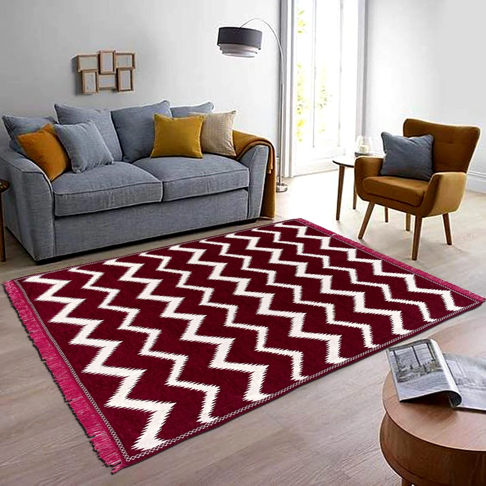 RADECOR Zig Zag Design Sleek and Spacious Rectangular Chenille Carpet with Binding | Area Rug | Durries for Living Room, Bedroom | 5X7 Feet (210 Cmx152 Cm) Red