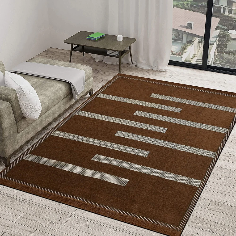 RADECOR Tile Design Sleek and Spacious Rectangular Chenille Carpet with Binding | Area Rug | Durries for Living Room, Bedroom | 5X7 Feet (210 Cmx152 Cm) Camel