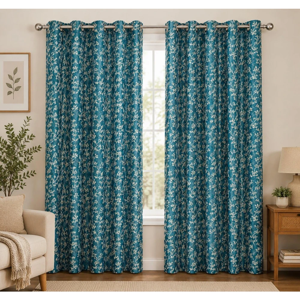 RADECOR Floral Print 5ft Window Curtain for Living Room & Bedroom | Premium Polyester Eyelet Curtain | Room Darkening Decorative Curtain Panel | Modern Home Décor/Aqua/Pack of 2