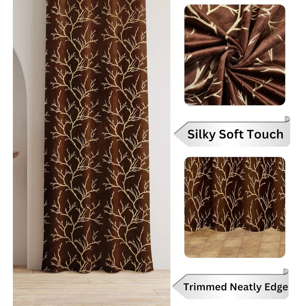 RADECOR Velvet 5ft Door & Window Curtain | Luxury Soft Fabric | Room Darkening | Noise Reducing | Machine Washable | Modern Home Décor/Brown/Pack of 2