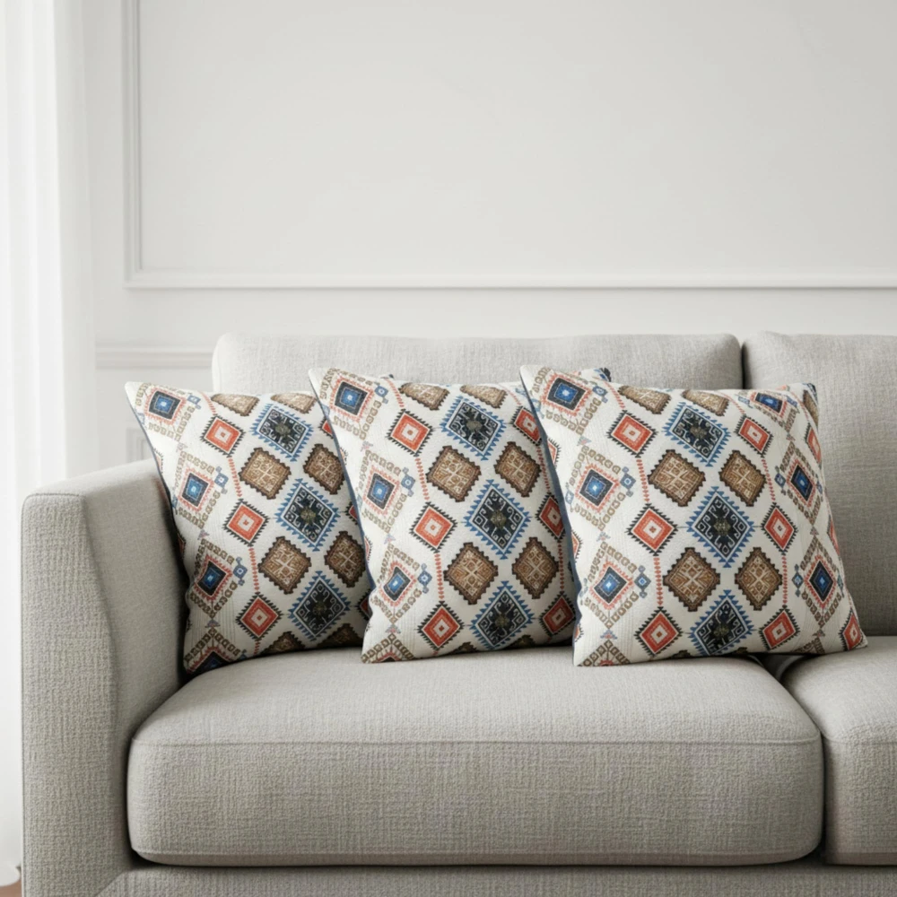 RADECOR Ethnic Geo Diamond Pattern Cushion Cover Set of 2 | 16x16 Inches Square Covers | Premium Poly Spun Fabric | Hidden Zipper | Modern Decorative Cushion Covers for Sofa, Living Room & Bedroom