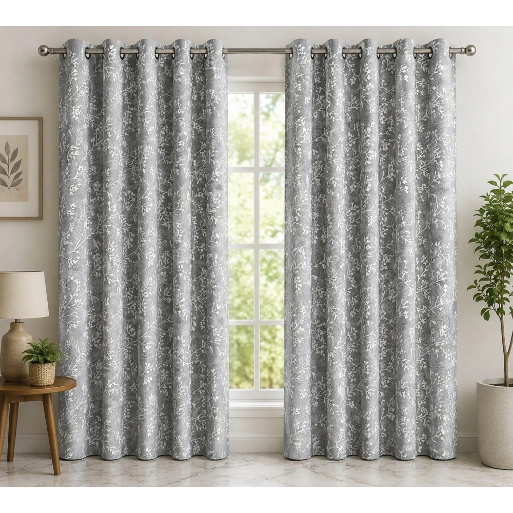 RADECOR Floral Print 7ft Window Curtain for Living Room & Bedroom | Premium Polyester Eyelet Curtain | Room Darkening Decorative Curtain Panel | Modern Home Décor/Grey/Pack of 2