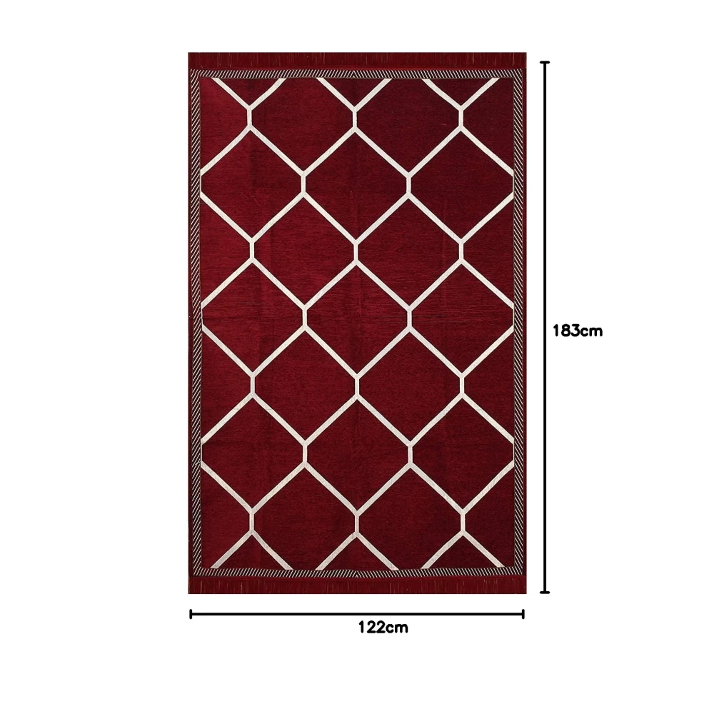 RADECOR Diamond Design Sleek and Spacious Rectangular Chenille Carpet with Binding | Area Rug | Durries for Living Room, Bedroom |5X7 Feet (210 Cmx152 Cm) Maroon