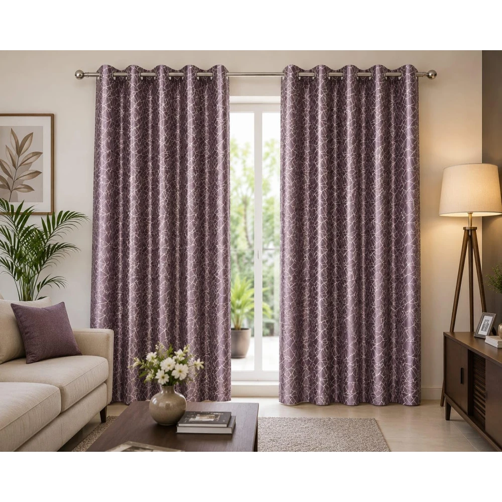 RADECOR Geometric Pattern 5ft Polyester Eyelet Curtain | Modern Window & Door Curtain for Living Room, Bedroom & Office | Decorative Curtain Panel/Purple/Pack of 2