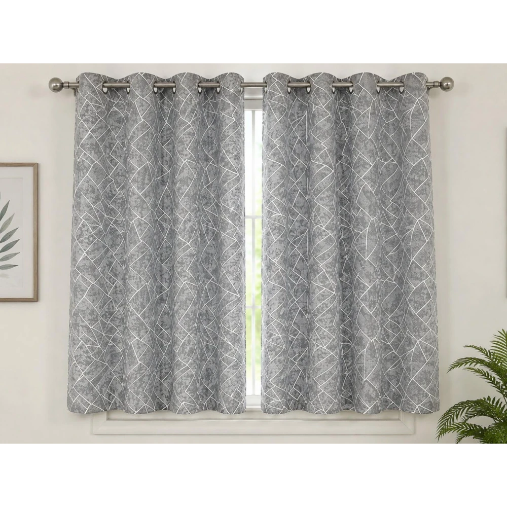 RADECOR Geometric Pattern 9ft Polyester Eyelet Curtain | Modern Window & Door Curtain for Living Room, Bedroom & Office | Decorative Curtain Panel/Grey/Pack of 2
