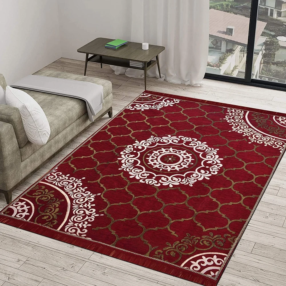 RADECOR World Premium Sleek and Spacious Rectangular Chennille Living Room Carpet with Binding, Area Rug, Durries II (5X7 Feet) (213 Cmx152 Cm) (Red)