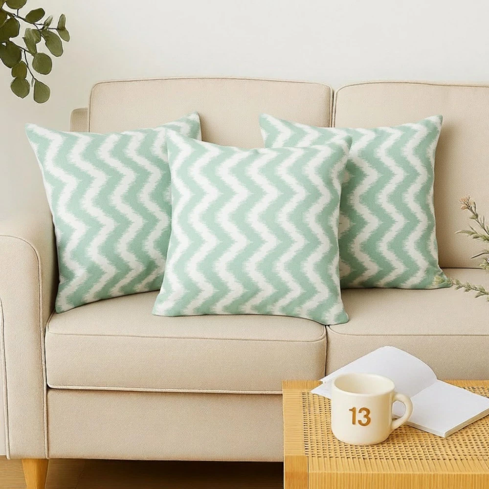 RADECOR Pastel Mint Zigzag Pattern Cushion Cover Set of 3 | 16x16 Inches Square Covers | Premium Poly Spun Fabric | Hidden Zipper | Modern Decorative Cushion Covers for Sofa, Living Room & Bedroom