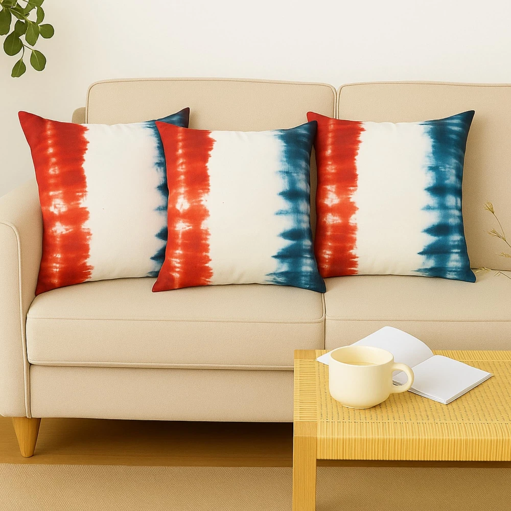 RADECOR Indigo Sunset Tie- Dye Cushion Cover Set of 3 | 16x16 Inches Square Covers | Premium Poly Spun Fabric | Hidden Zipper | Modern Decorative Cushion Covers for Sofa, Living Room & Bedroom