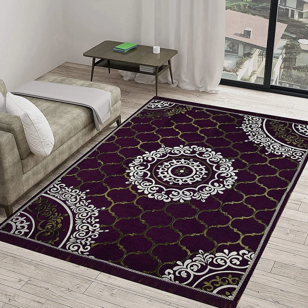 RADECOR World Premium Sleek and Spacious Rectangular Chennille Living Room Carpet with Binding, Area Rug, Durries II (5X7 Feet) (213 Cmx152 Cm) (Wine)