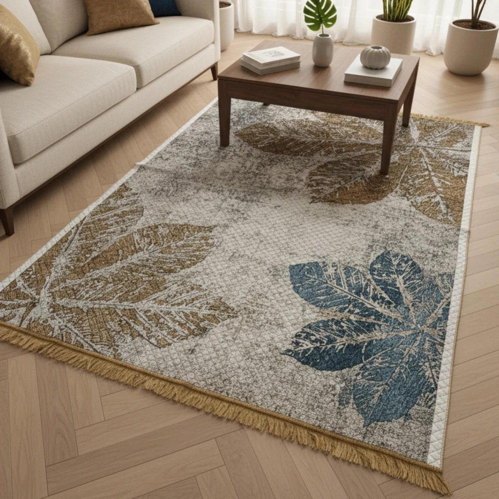 RADECOR Leaf Texture Printed Carpet | Modern Botanical Polyester Area Rug | Decorative Floor Carpet for Living Room & Bedroom