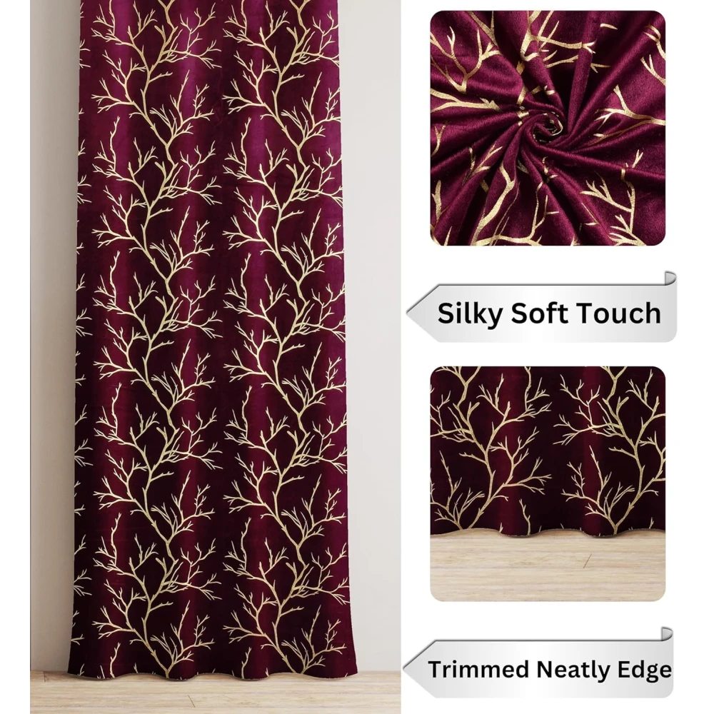RADECOR Velvet 5ft Door & Window Curtain | Luxury Soft Fabric | Room Darkening | Noise Reducing | Machine Washable | Modern Home Décor/Wine/Pack of 2