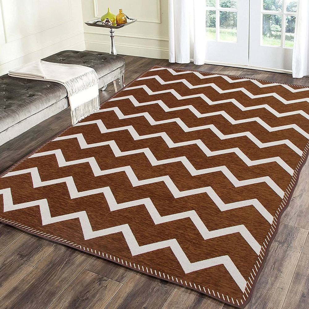 RADECOR Zig Zag Design Sleek and Spacious Rectangular Chenille Carpet with Binding | Area Rug | Durries for Living Room, Bedroom | 5X7 Feet (210 Cmx152 Cm) Coffee